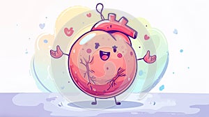 Cute cartoon character of human heart. A cute cartoon character of the cardiological system, holding hands in the middle photo