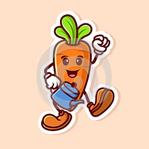 cute cartoon character of orange carrot with green leaf watering