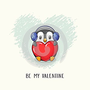 Cute cartoon character penguin with big heart and fur headphones