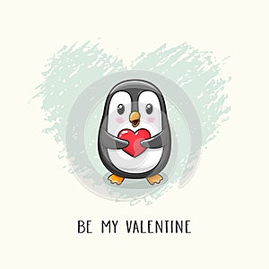 Cute cartoon character penguin with heart in paws