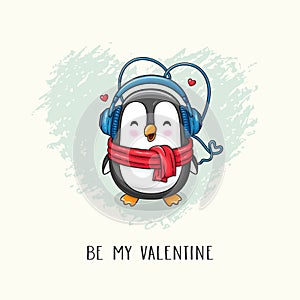 Cute cartoon character penguin with scarf and headphones