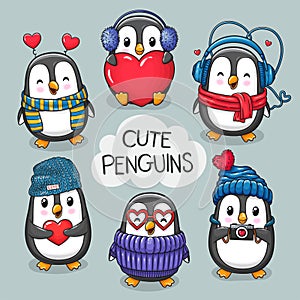 Cute cartoon character penguins set of Valentine`s Day and Love