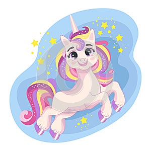 Cute cartoon character pink flying unicorn vector illustration