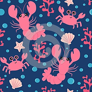 Cute cartoon character pink lobster, crab, coral, seashell and starfish on blue background seamless vector pattern illustration