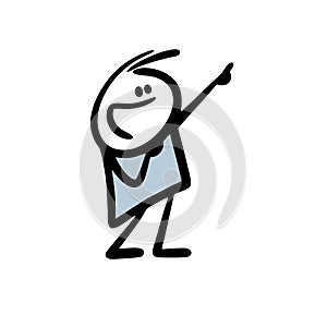 Cute cartoon character stickman points with his finger high above.