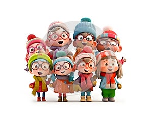 Cute cartoon characters in Christmas hats and scarfs at white background. Characters singing Christmas songs.