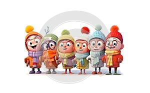 Cute cartoon characters in Christmas hats and scarfs at white background. Characters singing Christmas songs.