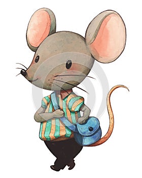 Cute cartoon characters of gray mouse watercolor illustration