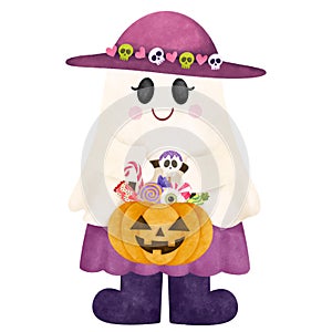 Cute cartoon characters Halloween watercolor illustration