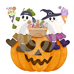 Cute cartoon characters Halloween watercolor illustration