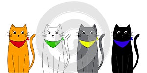 Cute cartoon characters sad cats of different colors and breeds in neckerchiefs. Vector illustration isolated