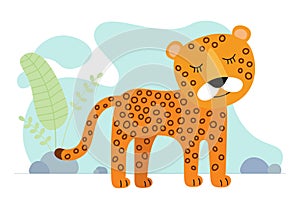 Cute cartoon cheetah. Drawing african baby wild guepard. Kind smiling jungle safari animal leopard. Vector creative