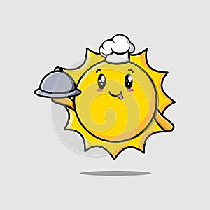 Cute Cartoon chef sun mascot serving food on tray