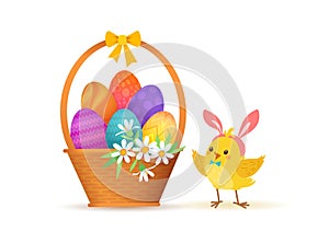 Cute cartoon chicken and basket. Funny yellow chickens with Bunny Hears, vector illustration