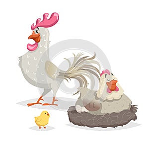 Cute cartoon chicken family. Rooster. hen and little chicken. Farm animals set. Vecttor illustration