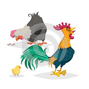 Cute cartoon chicken family. Rooster. hen and little chicken. Farm animals set. Vecttor illustration