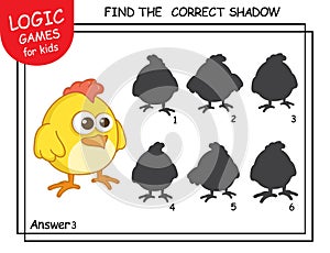 Cute cartoon chicken. Find the correct shadow. Educational matching game for children with cartoon character. Logic Games for Kids