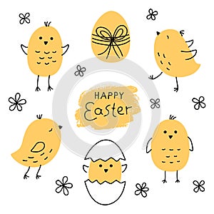 Cute cartoon chicken set. Funny yellow chickens in different poses. Happy Easter greeting card