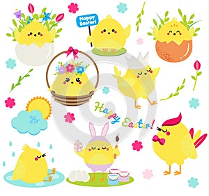 Cute cartoon chickens set. Easter chickens in eggs anf flowers, singing, painting and having fun. Isolated clip art for Easter des