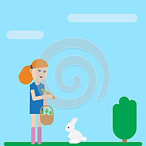 Cute cartoon child girl character is feeding her tame pet white rabbit