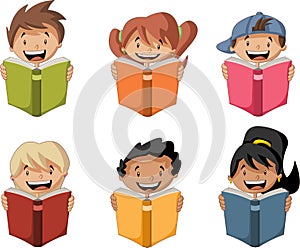 Cute cartoon children reading books.