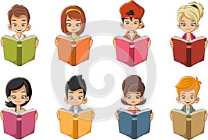 Cute cartoon children reading books.