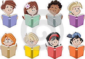 Cute cartoon children reading books.