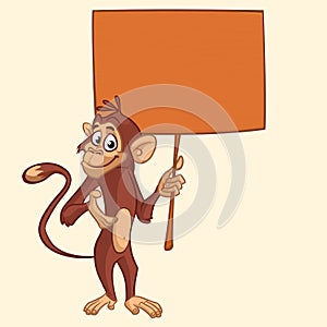 Cute cartoon chimpanzee holding blank wooden sign. Vector illustration of a funny monkey with empty wood board.