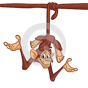 Cute cartoon chimpanzee monskey hang down the tree. Vector illustration in cartoon style. Outlined.