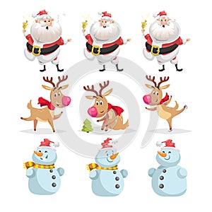 Cute cartoon Christmas characters set. Different poses and situations of Santa Claus, reindeer and snowman. Cheerful mascots.