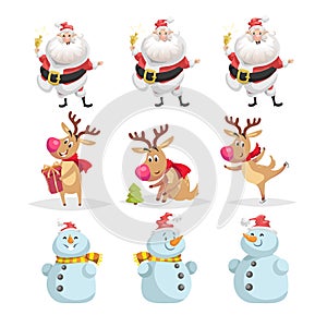 Cute cartoon Christmas characters set. Different poses and situations of Santa Claus, reindeer and snowman. Cheerful mascots.