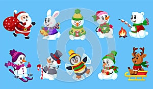 Cute cartoon christmas characters. Snowmen collection, santa claus and penguin. Skiing snowman, happy new year animals