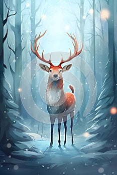 Cute cartoon christmas deer. Santa reindeer with horns in snowy magic forest. Xmas funny reindeer character in the north.