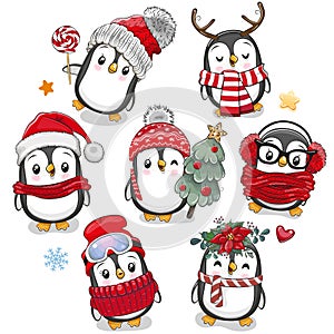 Cute cartoon Christmas Penguins on a white background