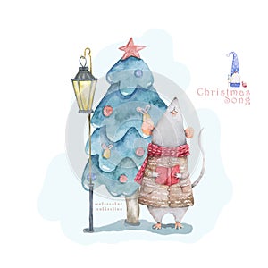 Cute cartoon christmas rat mouse and blue forest tree, vitage style lamp christmas card. Watercolor hand drawn animal illustration