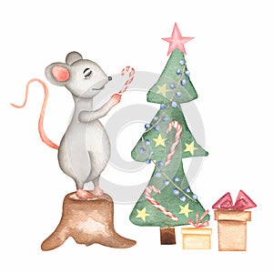 Cute cartoon christmas rat mouse christmas card with christmas tree,boxes of gifts . Watercolor hand drawn animal illustration.