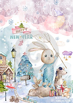 Cute cartoon christmas rat mouse and owl, santa, bunny christmas card. Watercolor hand drawn animal illustration. New Year 2020