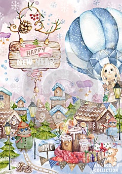 Cute cartoon christmas rat mouse and owl, santa, bunny christmas card. Watercolor hand drawn animal illustration. New Year 2020