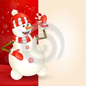 Merry Christmas greeting card with cartoon snowman