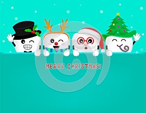 Cute cartoon Christmas tooth holding blank advertisement banner background with copy space.