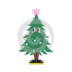 Cute cartoon Christmas Tree with a star and other decorations