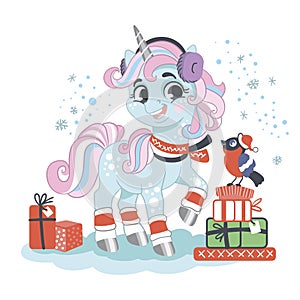Cute cartoon Christmas unicorn vector illustration