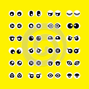 Cute cartoon circle eyeballs emoji icons set on yellow background