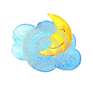 Cute cartoon cloud and smiling moon. Hand drawn watercolor illustration.