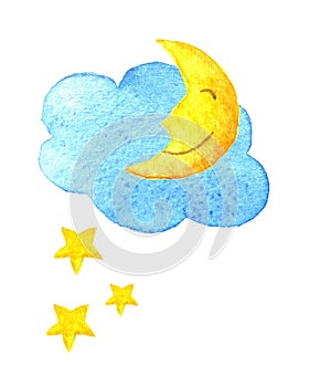 Cute cartoon cloud, stars and smiling moon. Hand drawn watercolor illustration. Water-color painted drawing.