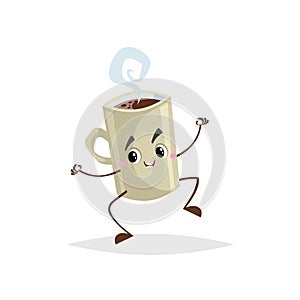 Cute cartoon coffee beige cup character jumping. Humanized mug with hot beverage. Morning breakfast mascot. Strong taste hot drink