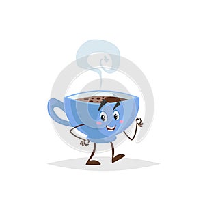 Cute cartoon coffee blue cup character walking. Humanized mug with hot beverage. Morning breakfast mascot. Strong taste hot drink