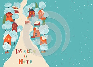 Cute Cartoon Colorful Houses with Winter Trees