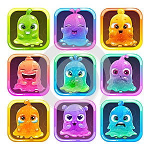 Cute cartoon colorful slimy characters in the square frames. Slime game logo set.