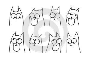 Cute cartoon comic doodle cats with big eyes set. Hand drawn monochrome sketch of funny cat character with expressions for icons